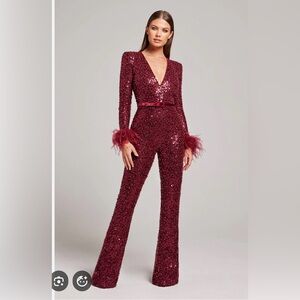 NADINE MERABI Elegant Red Sequin Jumpsuit